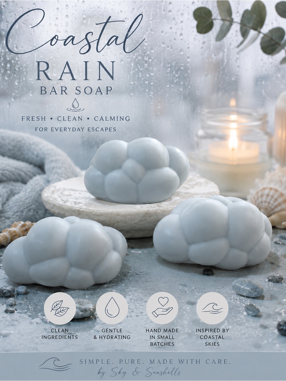NEW Hand Crafted “Coastal Rain” Scented Bar Soap - Fresh & Clean
